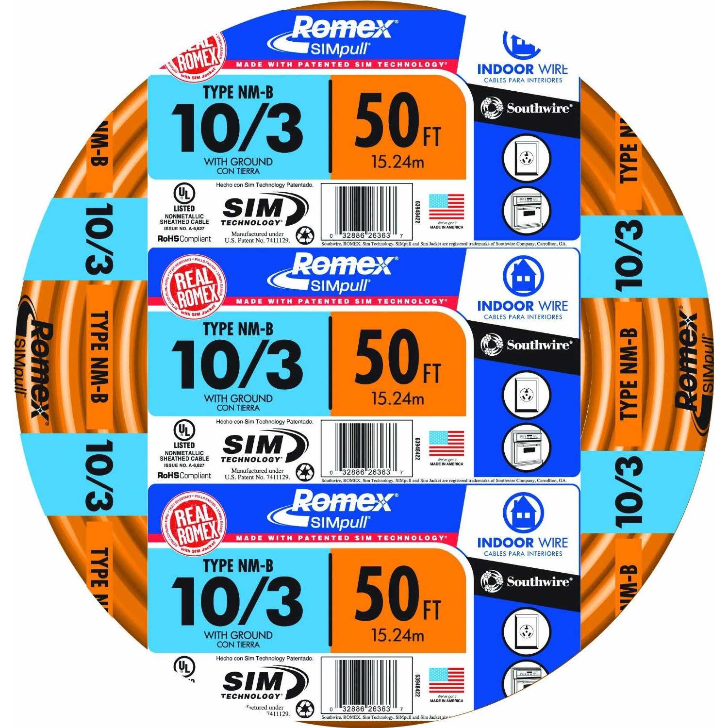 Southwire 63948421 25′ 10/3 with Ground Romex Brand SIMpull Residential Indoor Electrical Wire Type NM-B, Orange - Zenithce