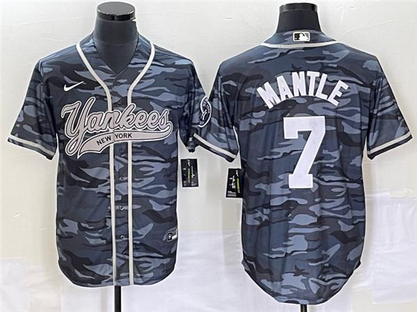 New York Yankees #7 Mickey Mantle Gray Camo With Patch Cool Base Stitched Jersey - Zenithce