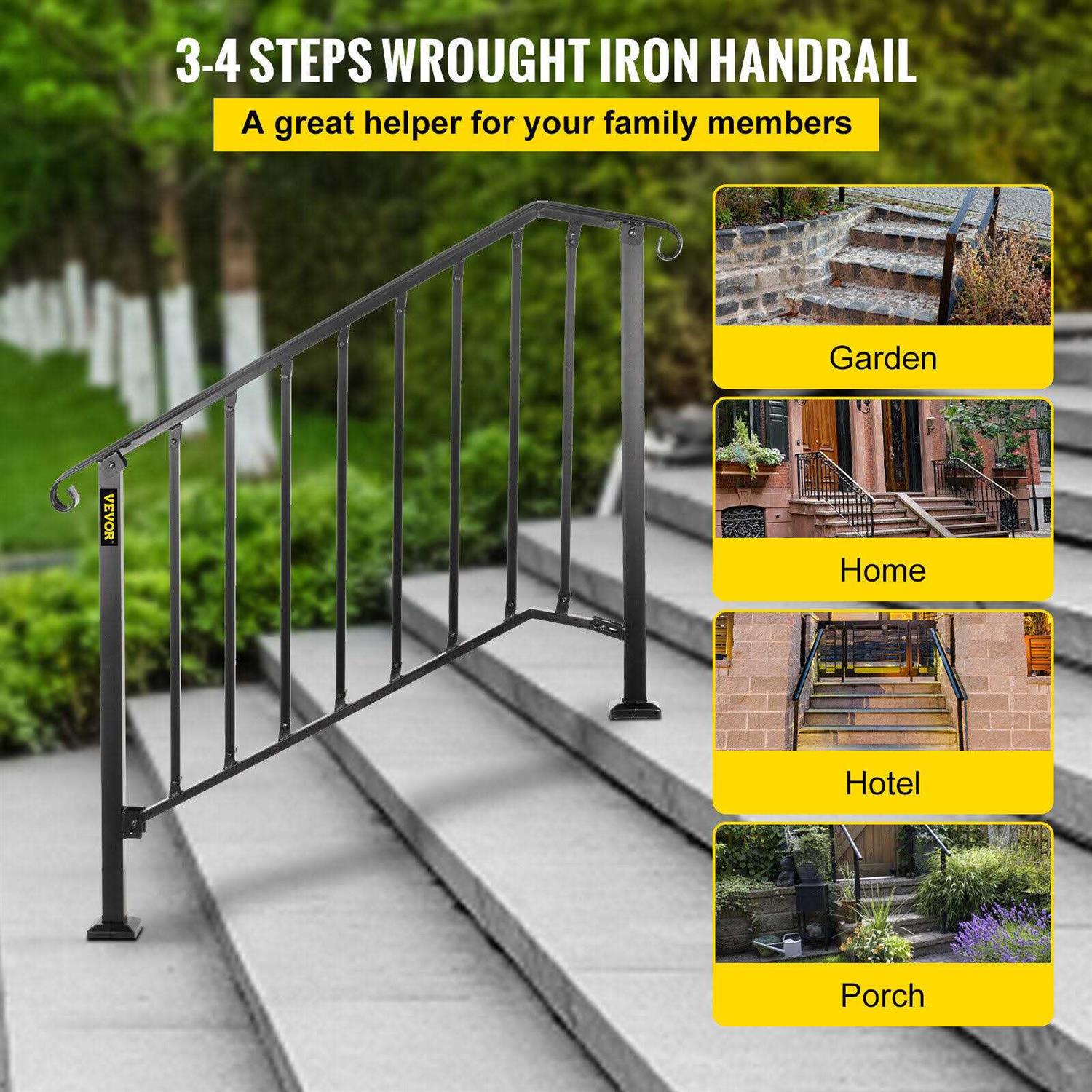VEVOR Handrails for Outdoor Steps 1-4 Adjustabel Steps Outdoor Stair Railing Wrought Iron Handrail Flexible Porch Railing - Zenithce