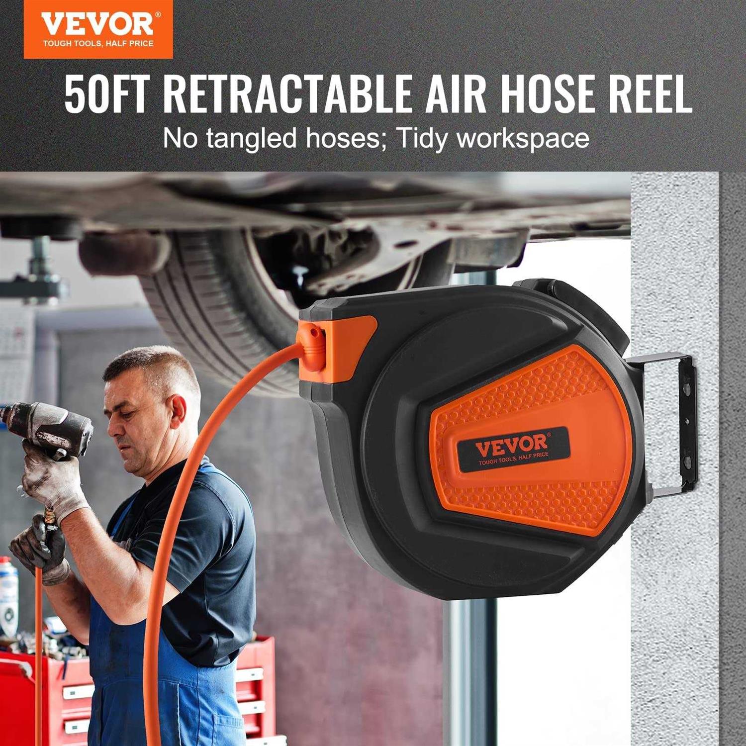 VEVOR Retractable Air Hose Reel 3/8 IN x 50 FT Hybrid Air Hose Max 300PSI - Zenithce