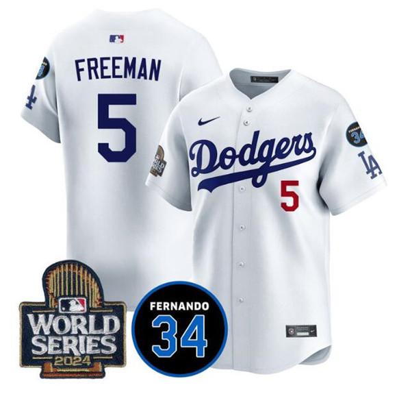 Los Angeles Dodgers #5 Freddie Freeman White 2024 World Series With Fernando Memorial Patch Limited Stitched Jersey - Zenithce