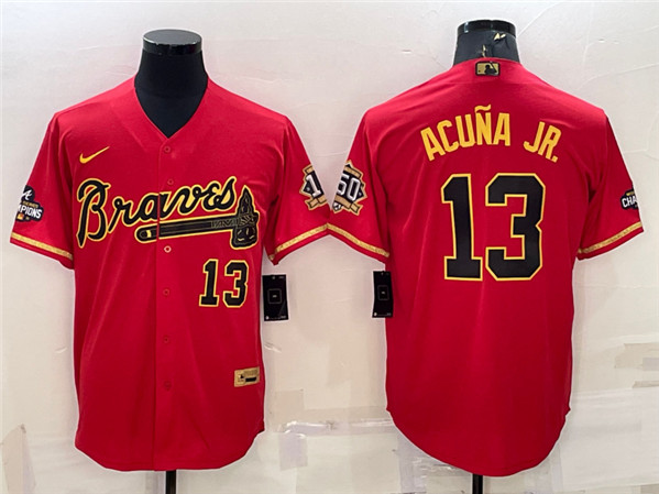Atlanta Braves #13 Ronald Acuna Jr. Red Gold Cool Base Stitched Baseball Jersey - Zenithce