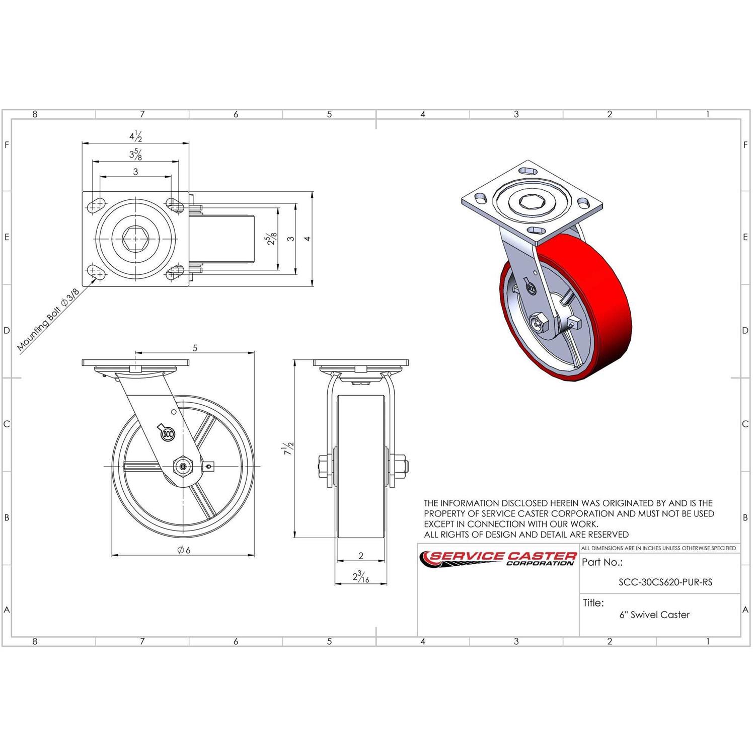 Service Caster 8 x 2 Polyurethane on Polyolefin Wheel Only with Roller Bearing - Zenithce