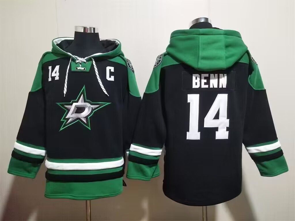 Dallas Stars #14 Jamie Benn Black Green Lace-Up Pullover Hoodie - Zenithce