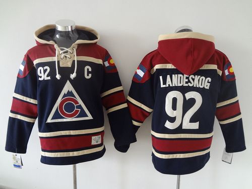 Avalanche #92 Gabriel Landeskog Navy Blue Sawyer Hooded Sweatshirt Stitched Jersey - Zenithce