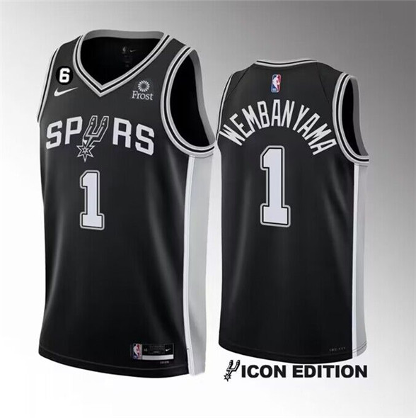 San Antonio Spurs #1 Victor Wembanyama Black 2022-23 Icon Edition With NO.6 Patch Stitched Jersey - Zenithce