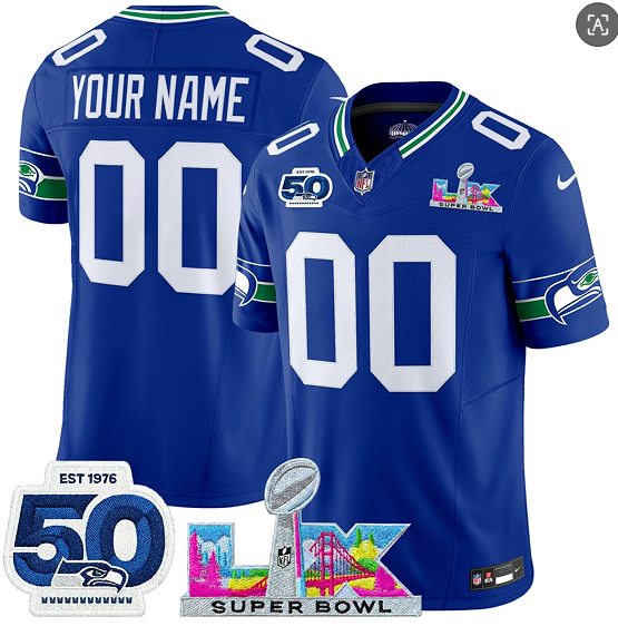 Seattle Seahawks Custom Royal 2025 F.U.S.E. Super Bowl LX Patch And 50th Season Patch Vapor Throwback Limited Stitched Jersey - Zenithce