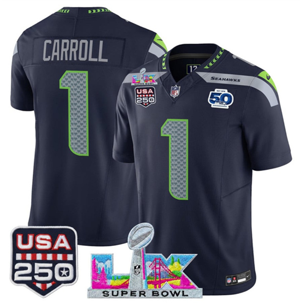 Seattle Seahawks #1 Pete Carroll Navy 2025 F.U.S.E. Super Bowl LX Patch And 50th Season USA 250' Patch Vapor Limited Stitched Jersey - Zenithce