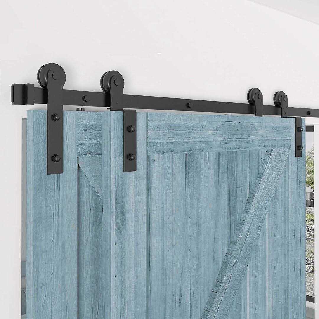 WINSOON Single Track Bypass Sliding Barn Door Hardware Kit for Double Doors Low Ceiling - Zenithce
