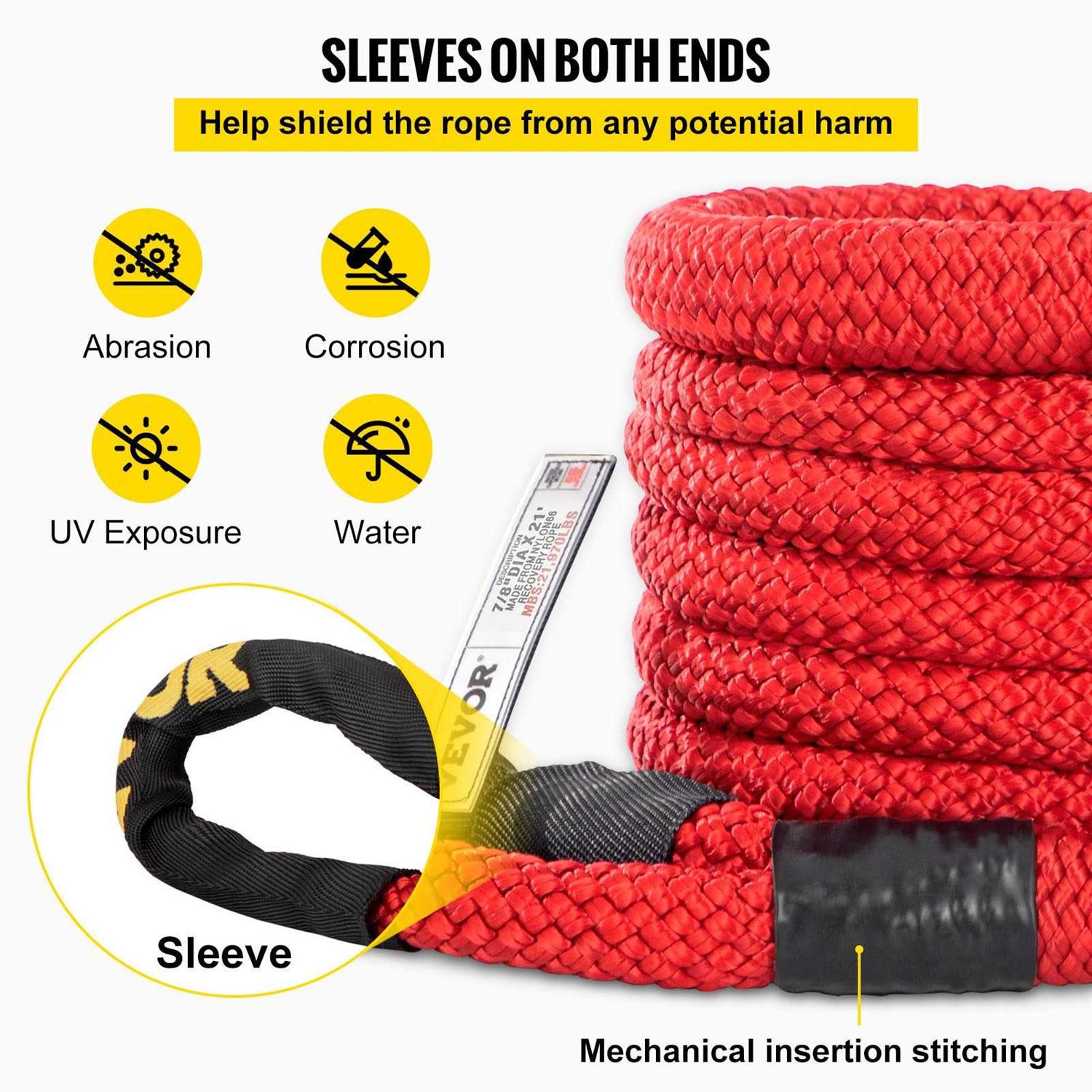 VEVOR 31.5′ Recovery Tow Rope Heavy Duty Nylon Double Braided Kinetic Energy Rope w/Loops and Protective Sleeves - Zenithce