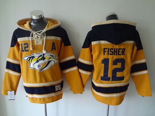 Predators #12 Mike Fisher Yellow Sawyer Hooded Sweatshirt Stitched Jersey - Zenithce
