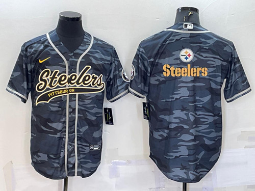 Pittsburgh Steelers Blank Gray Camo Team Big Logo With Patch Cool Base Stitched Baseball Jersey - Zenithce