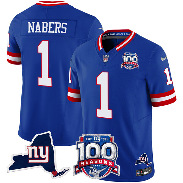 New York Giants #1 Malik Nabers Royal 2024 F.U.S.E. 100th Season And State Patch Vapor Limited Stitched Jersey - Zenithce