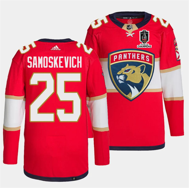 Florida Panthers #25 Mackie Samoskevich Red Home 2024 Stanley Cup Champions Stitched Jersey - Zenithce