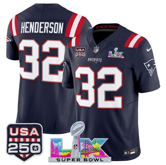 New England Patriots #32 TreVeyon Henderson Navy 2025 F.U.S.E. Super Bowl LX Patch And USA 250' Patch Vapor Limited Stitched Jersey - Zenithce