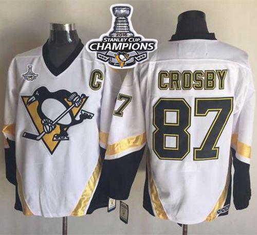 Penguins #87 Sidney Crosby White CCM Throwback 2016 Stanley Cup Champions Stitched Jersey - Zenithce
