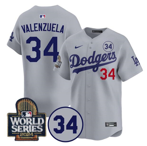 Los Angeles Dodgers #34 Toro Valenzuela Gray 2024 World Series With No. 34 Patch Limited Stitched Jersey - Zenithce