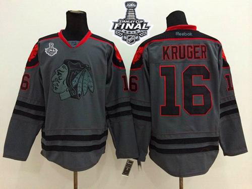 Blackhawks #16 Marcus Kruger Charcoal Cross Check Fashion 2015 Stanley Cup Stitched Jersey - Zenithce