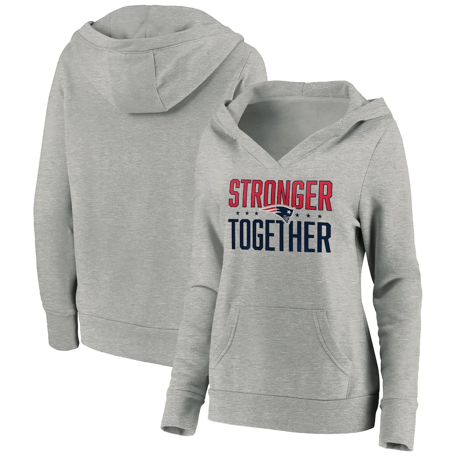Women's New England Patriots Heather Gray Stronger Together Crossover Neck Pullover Hoodie(Run Small) - Zenithce