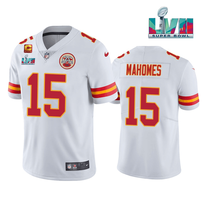 Kansas City Chiefs #15 Patrick Mahomes White Super Bowl LVII Patch And 4-Star C Patch Vapor Untouchable Limited Stitched Jersey - Zenithce