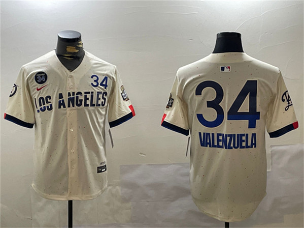 Los Angeles Dodgers #34 Toro Valenzuela Cream 2024 World Series With Fernando Memorial Patch City Connect Limited Stitched Jersey - Zenithce