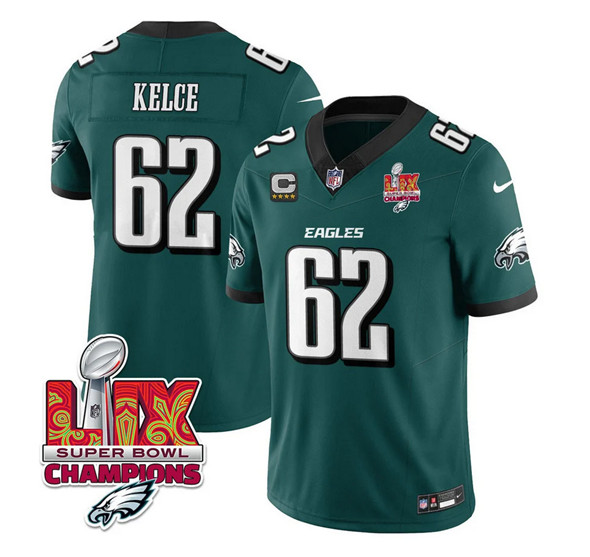Philadelphia Eagles #62 Jason Kelce Green 2025 Eagles Logo Super Bowl LIX Patch And 4-Star C Patch New F.U.S.E. Vapor Limited Stitched Jersey - Zenithce