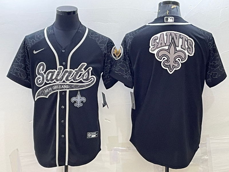 New Orleans Saints Black Reflective Team Big Logo With Patch Cool Base Stitched Baseball Jersey - Zenithce