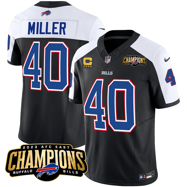 Buffalo Bills #40 Von Miller Black White 2023 F.U.S.E. AFC East Champions With 4-Star C Ptach Stitched Jersey - Zenithce