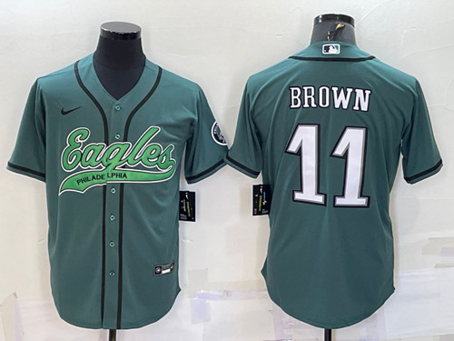 Philadelphia Eagles #11 A. J. Brown Green With Patch Cool Base Stitched Baseball Jersey - Zenithce