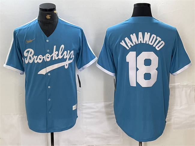 Los Angeles Dodgers #18 Yoshinobu Yamamoto Light Blue Throwback Cool Base Stitched Jersey - Zenithce
