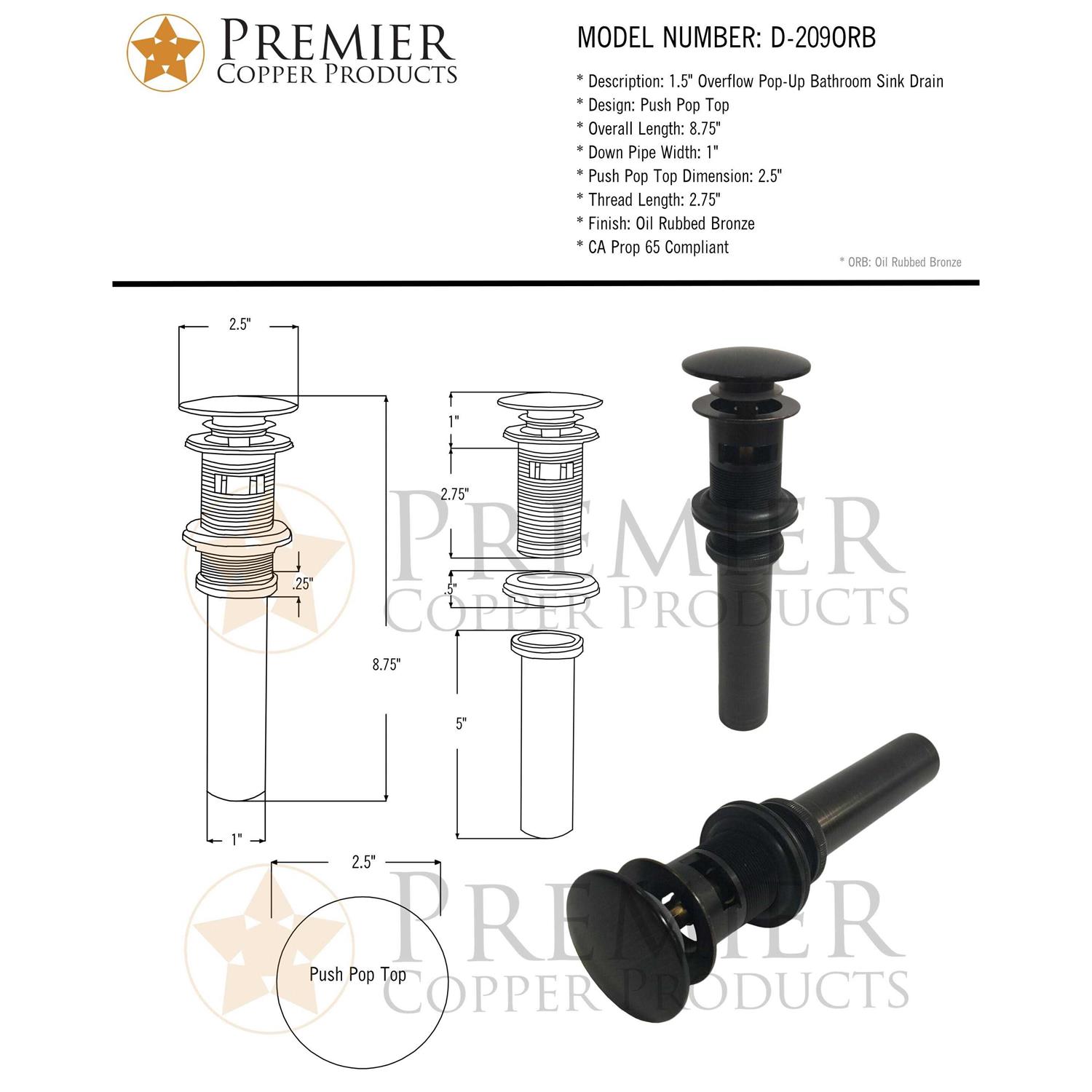 Premier Copper Products D-208PB 1.5 Non-Overflow Pop-up Bathroom Sink Drain - Zenithce