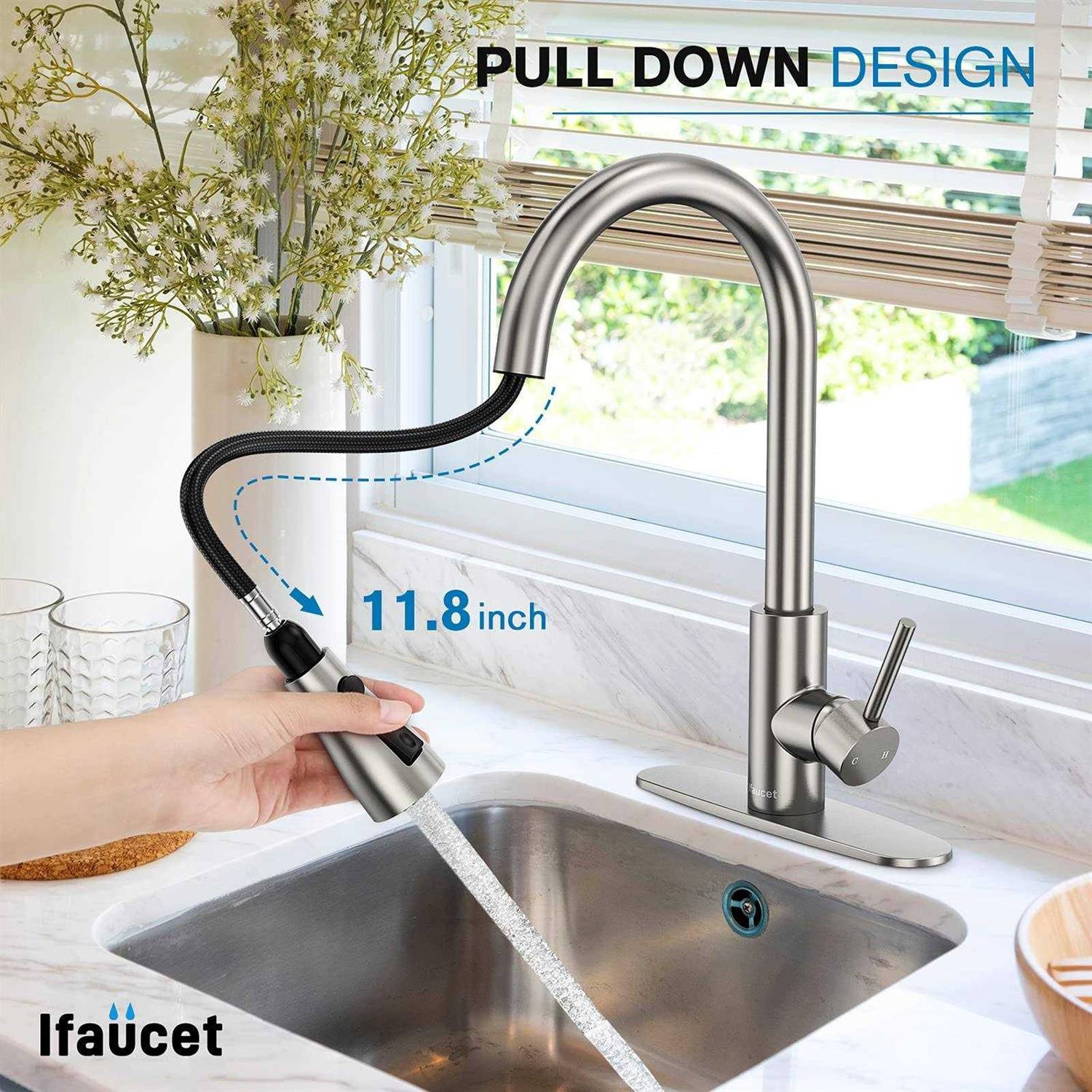 Kitchen Faucet with Sprayer, Brushed Nickel Stainless Steel Kitchen Sink Faucet, Faucet for Kitchen Sink, 3 Hole or 4 Hole RV Utility Touch Kitchen - Zenithce