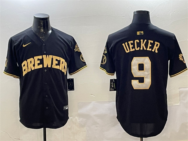 Milwaukee Brewers #9 Bob Uecker Black Gold With Home Patch Limited Stitched Jersey - Zenithce