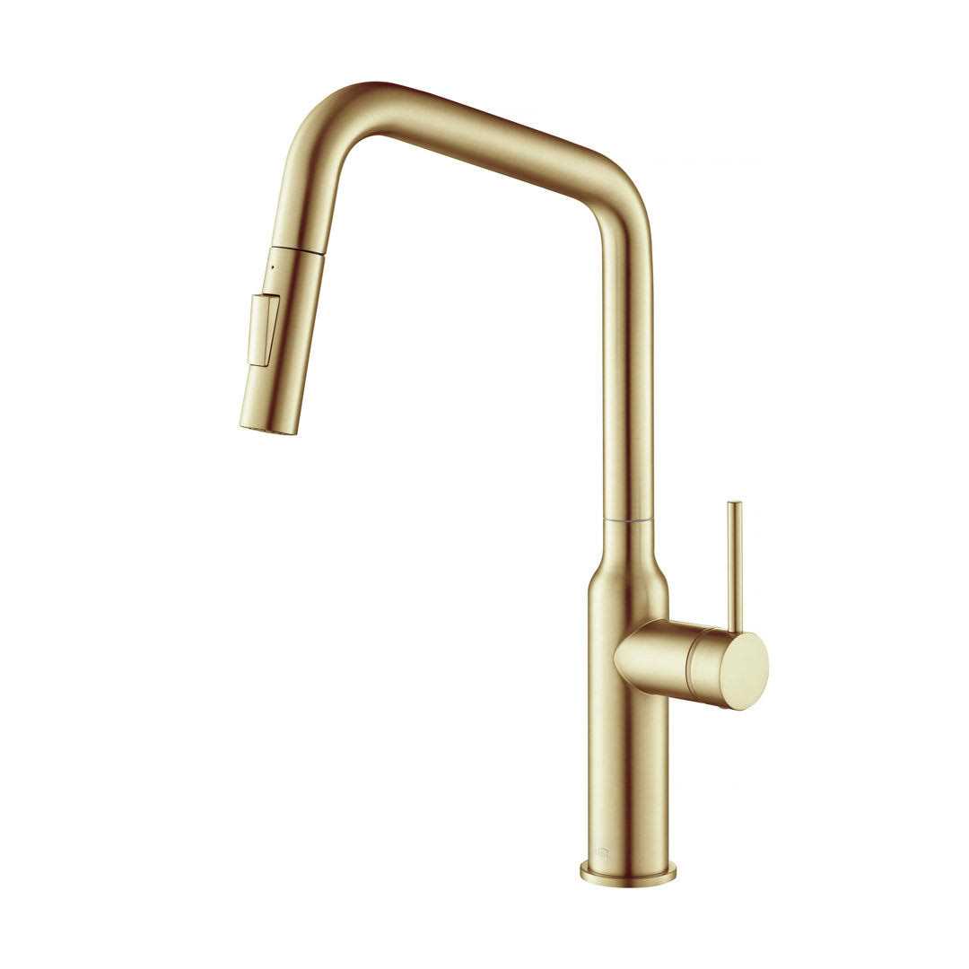KIBI Brass High Arc Pull Out Single Level Kitchen Faucet with Sprayer Brushed - Zenithce