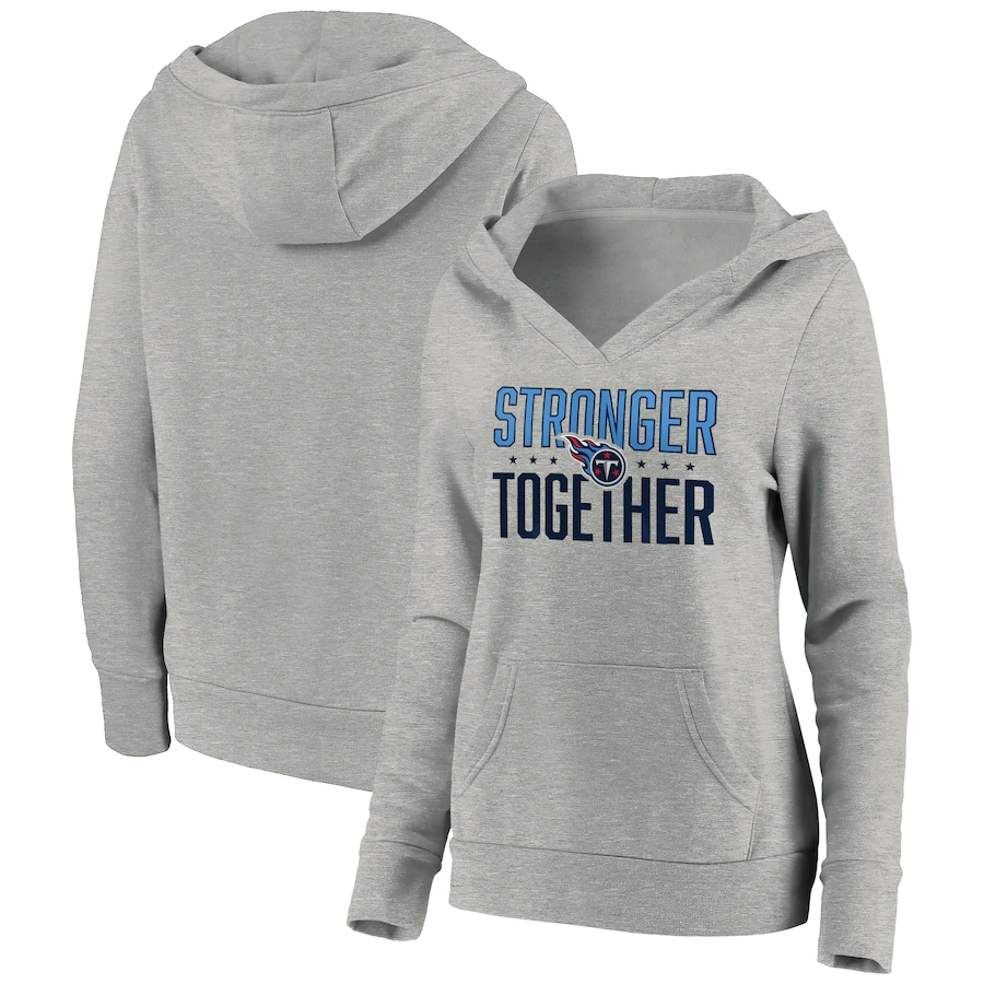 Women's Tennessee Titans Heather Gray Stronger Together Crossover Neck Pullover Hoodie(Run Small) - Zenithce