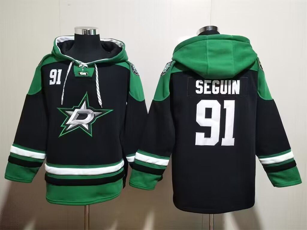 Dallas Stars #91 Tyler Seguin Black Green Lace-Up Pullover Hoodie - Zenithce