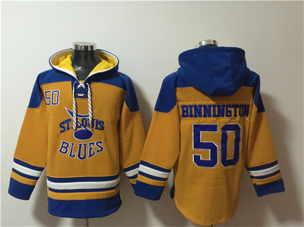 St. Louis Blues #50 Jordan Binnington Yellow Ageless Must-Have Lace-Up Pullover Hoodie - Zenithce