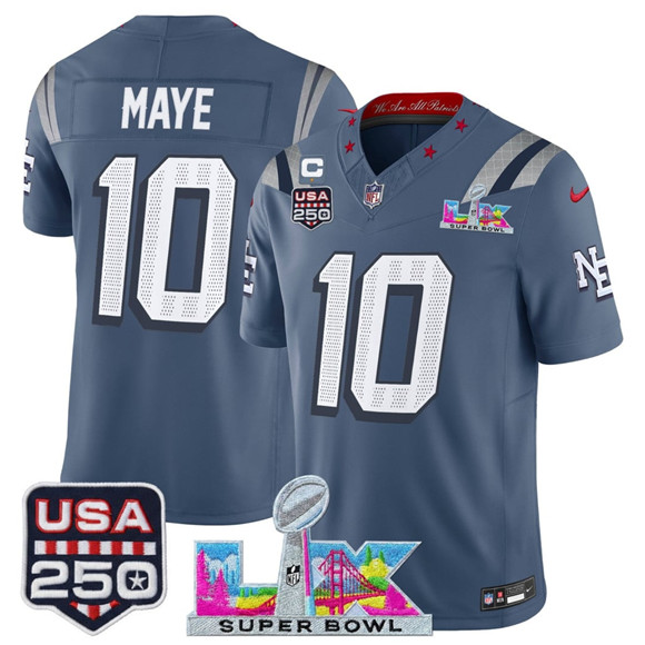 New England Patriots #10 Drake Maye Storm Blue 2025 F.U.S.E. 1-Star C Patch And Super Bowl LX Patch USA 250' Patch “Rivalries” Vapor Limited Stitched Jersey - Zenithce
