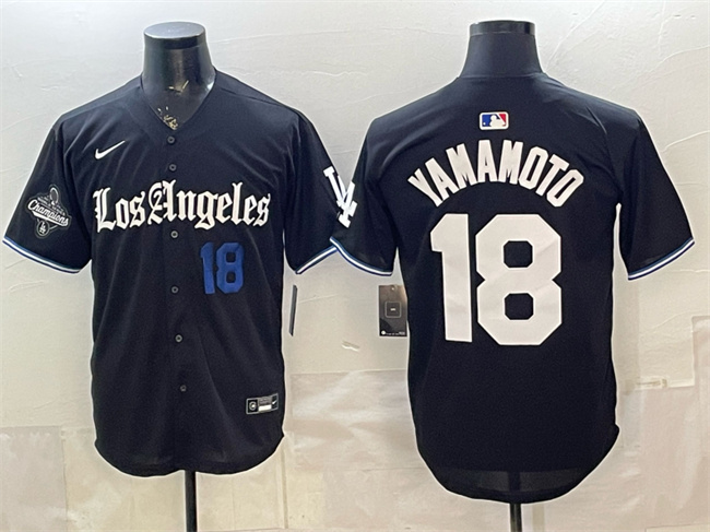 Los Angeles Dodgers #18 Yoshinobu Yamamoto Black 2025 World Series Champions Patch 'Gothic Edition' Vapor Premier Limited Stitched Jersey - Zenithce