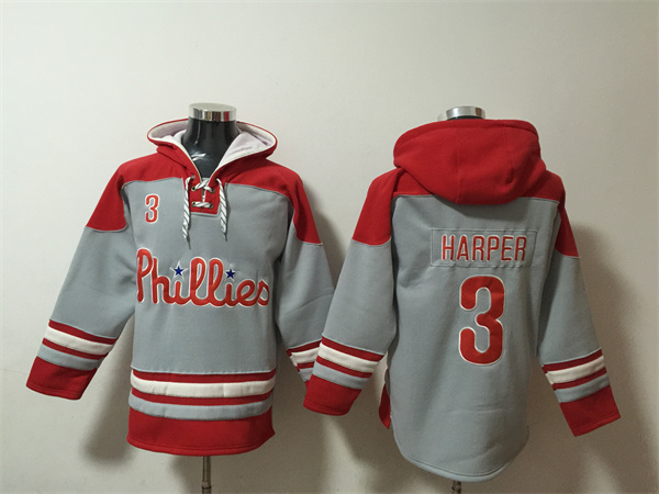 Philadelphia Phillies #3 Bryce Harper Grey Red Ageless Must-Have Lace-Up Pullover Hoodie - Zenithce