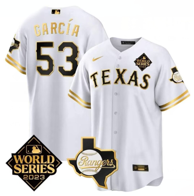 Texas Rangers Cowboys #53 Adolis García White 2023 World Series Splite Stitched Jersey - Zenithce