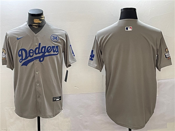 Los Angeles Dodgers Team Big Logo Gray 2024 World Series With No. 34 Patch Limited Stitched Jersey - Zenithce