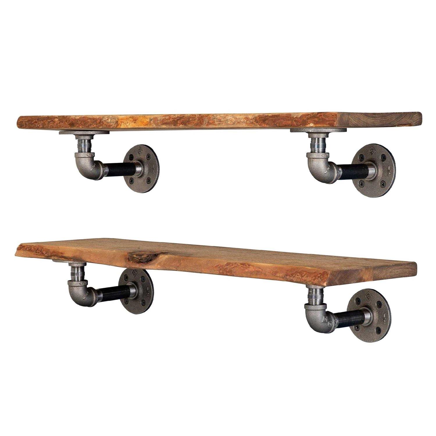 PIPE DECOR Live Edge Wood Shelf with L-Shaped Pipe Brackets - Zenithce