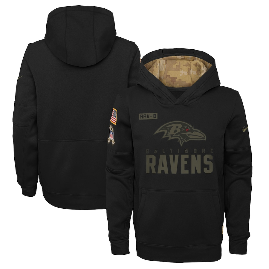 Youth Baltimore Ravens 2020 Black Salute To Service Sideline Performance Pullover Hoodie - Zenithce