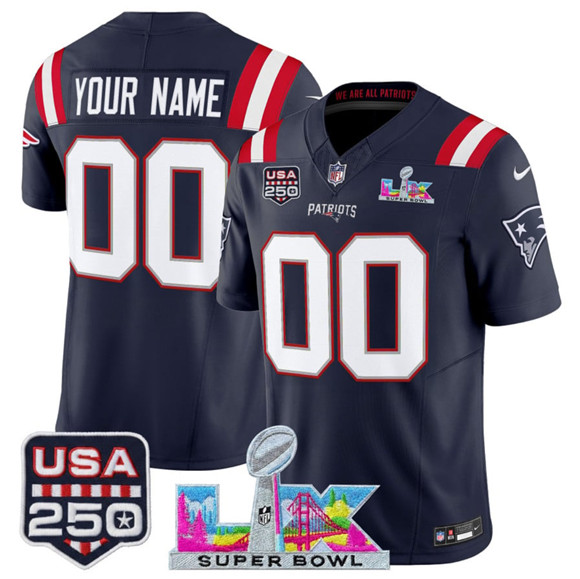 New England Patriots Custom Navy 2025 F.U.S.E. Super Bowl LX USA 250' Patch Vapor Limited Stitched Jersey - Zenithce