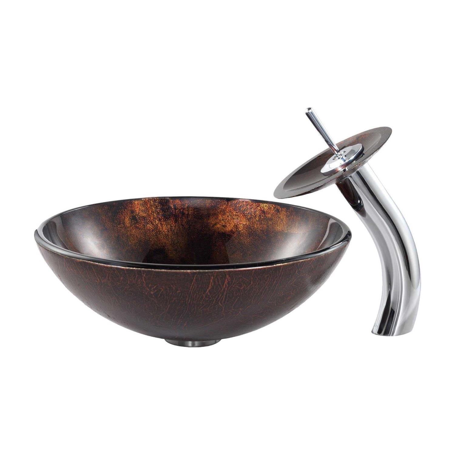 Kraus Pluto Glass Vessel Sink with Waterfall Faucet - Zenithce