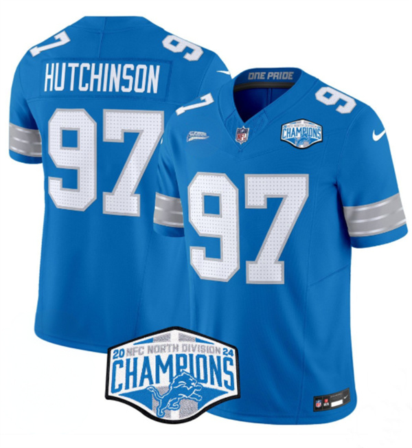 Detroit Lions #97 Aidan Hutchinson Blue 2024 NFC North Champions F.U.S.E. Vapor Limited Stitched Jersey - Zenithce
