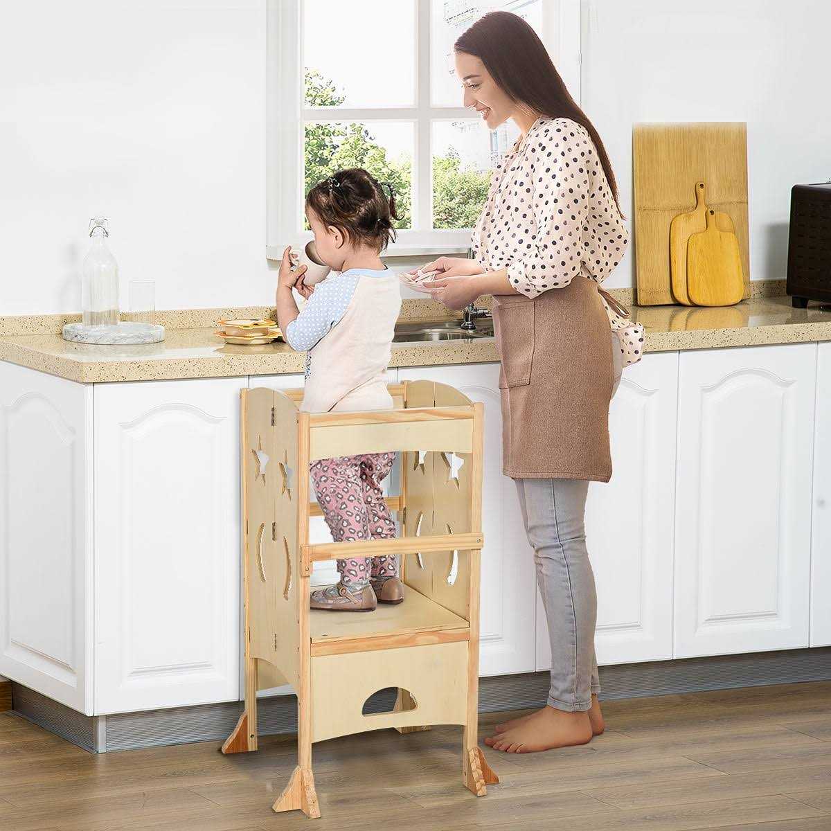 Qaba Kids Foldable Kitchen Step Stool with Chalkboard and Lockable Handrail for Children 3-6 Years Old - Zenithce