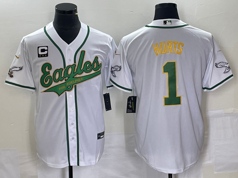 Philadelphia Eagles #1 Jalen Hurts White Gold With C Patch Cool Base Stitched Jersey - Zenithce