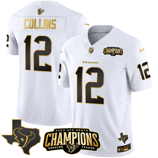Houston Texans #12 Nico Collins White Golden 2023 F.U.S.E. With AFC South Champions Patch And Team Logo Patch Limited Stitched Jersey - Zenithce